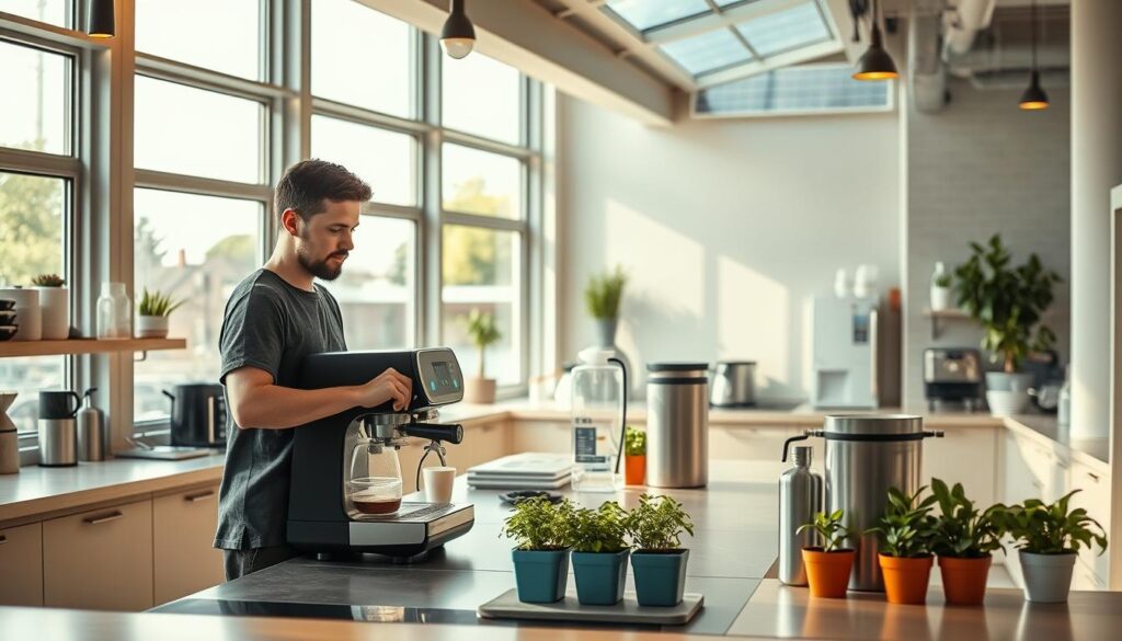 A modern coffee shop kitchen showcasing sustainable technology, featuring energy-efficient appliances integrated into a sleek countertop. In the foreground, a professional barista in modest casual clothing operates an advanced, eco-friendly espresso machine with a digital interface. The middle ground displays a variety of sustainable equipment like a compost system and a water filtration station, with potted herbs adding a touch of green. The background shows large windows allowing natural light to flood the space, illuminating solar panels on the roof. Soft, ambient lighting enhances the warm and inviting atmosphere, encouraging collaboration and creativity within the kitchen. The overall mood is innovative, clean, and eco-conscious, embodying a harmonious blend of functionality and sustainability.