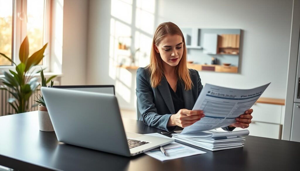 A modern home office setting with a sleek desk featuring a laptop open to a financial planning tool, surrounded by paperwork related to home improvement loans. In the foreground, a professional woman in business attire reviews documents with focused intent, while a calming potted plant adds a touch of nature. In the middle ground, a cozy kitchen design rendering is displayed on the wall, showcasing potential renovation ideas like new countertops and cabinetry. The background includes a window with sunlight streaming in, casting a warm glow across the scene. The mood is one of determination and optimism, emphasizing the journey of securing financing for home improvements in a stylish, organized environment.