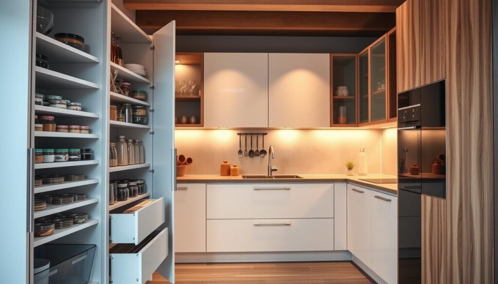 A modern kitchen interior featuring sleek, innovative cabinets designed for optimal storage solutions. In the foreground, showcase a well-organized pantry cabinet with pull-out shelves and deep drawers filled with various kitchen essentials. In the middle, display an L-shaped kitchen layout with a striking combination of white and wood-finished cabinets. The cabinetry should have a minimalist design with soft-close doors and built-in dividers for utensils. In the background, a softly lit countertop with natural stone surfaces complements the cabinetry. The scene is illuminated with warm, ambient lighting, creating an inviting and functional atmosphere. The perspective should be from a slightly elevated angle, capturing the essence of intelligent storage within a contemporary kitchen space.