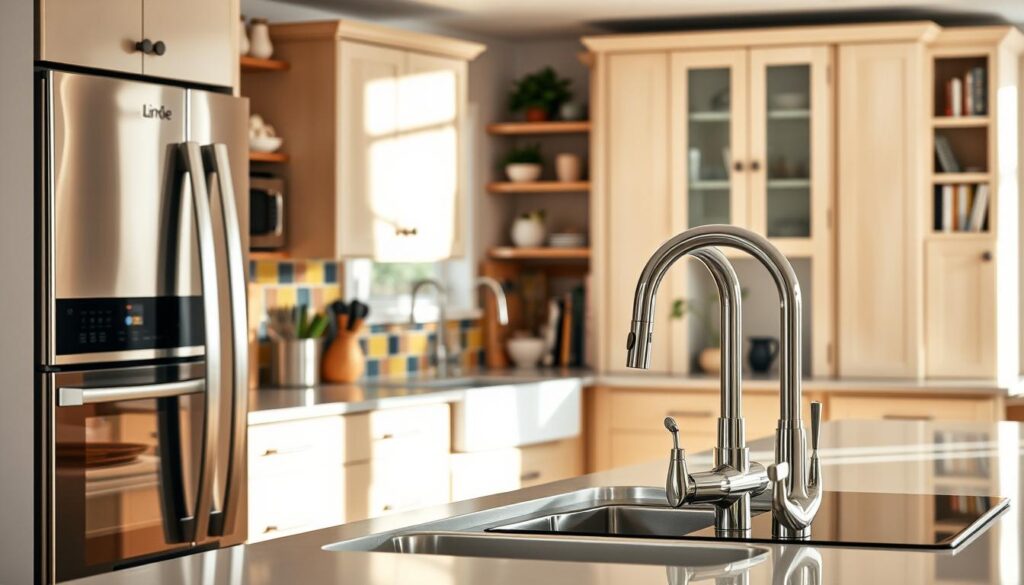 A modern kitchen interior showcasing an array of kitchen appliances, an elegant sink, and stylish taps. In the foreground, there are sleek stainless steel appliances including a refrigerator and an oven with a built-in microwave, all highlighted with soft overhead lighting. The middle section features a contemporary farmhouse sink with a polished chrome tap, complemented by a backsplash of colorful tiles. In the background, light wooden cabinets and shelves are filled with curated cookbooks and kitchenware. The scene is bright and airy, with natural light streaming in through a window, enhancing the fresh and inviting atmosphere. Capture this from a slightly elevated angle, focusing on the harmonious colors and textures in the kitchen design.