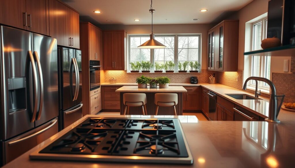 A modern kitchen interior showcasing the classic work triangle layout, featuring a refrigerator, stove, and sink strategically positioned for optimal workflow. In the foreground, sleek stainless steel appliances gleam under warm, ambient lighting, casting soft reflections on polished countertops. The middle section displays a spacious island with bar stools, surrounded by elegant cabinetry and organized storage compartments. In the background, natural light streams in through large windows, illuminating a fresh herb garden on the windowsill. The overall color scheme employs calming earth tones, creating an inviting atmosphere perfect for cooking enthusiasts. Capture this scene from a slightly elevated angle to emphasize the layout, ensuring all aspects are visually balanced and harmonious. A modern kitchen interior showcasing the classic work triangle layout, featuring a refrigerator, stove, and sink strategically positioned for optimal workflow. In the foreground, sleek stainless steel appliances gleam under warm, ambient lighting, casting soft reflections on polished countertops. The middle section displays a spacious island with bar stools, surrounded by elegant cabinetry and organized storage compartments. In the background, natural light streams in through large windows, illuminating a fresh herb garden on the windowsill. The overall color scheme employs calming earth tones, creating an inviting atmosphere perfect for cooking enthusiasts. Capture this scene from a slightly elevated angle to emphasize the layout, ensuring all aspects are visually balanced and harmonious.