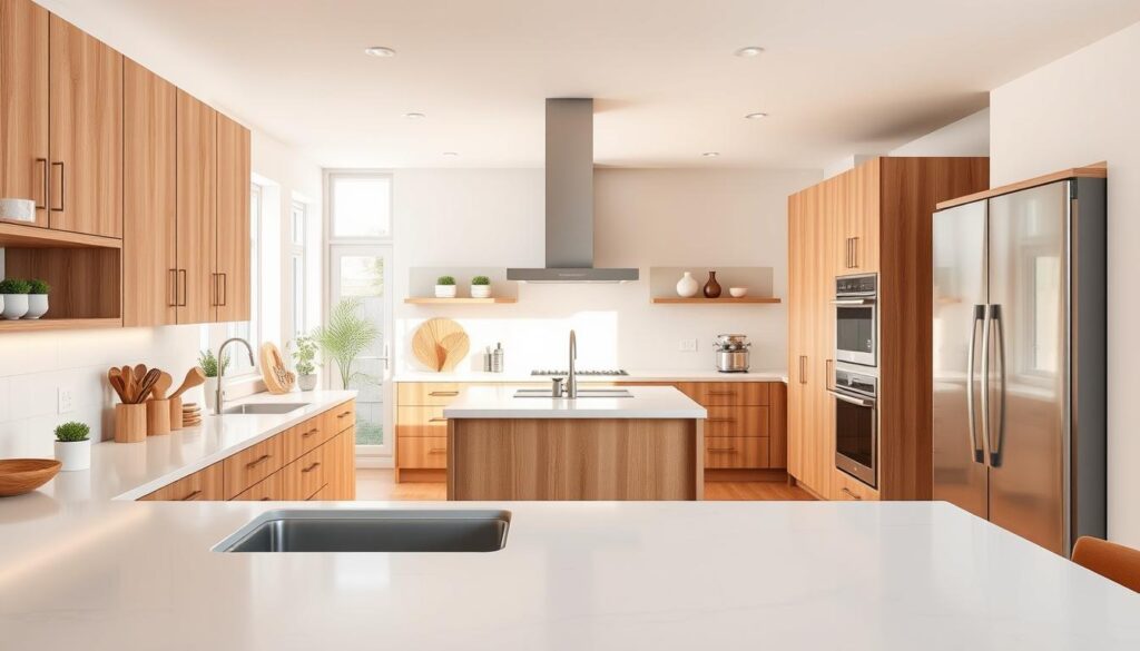 A modern kitchen layout showcasing the practical benefits of preserving the existing design. In the foreground, clear countertops and well-organized cabinets highlight cost-saving efficiencies. The middle ground features a central island with a subtle focus on space-saving storage solutions and energy-efficient appliances. The background includes a large window letting in soft, natural light that enhances the warm wood tones and neutral color palette, creating an inviting atmosphere. The scene is captured from an angle that emphasizes the openness of the layout, with soft shadows suggesting a cozy, functional space. The mood is optimistic and inspiring, ideal for homeowners looking to optimize their kitchen renovation budget.
