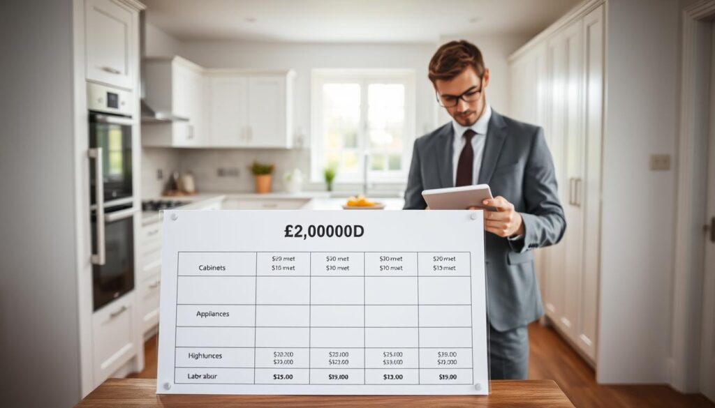 A modern kitchen space designed with a budget in mind, showcasing a clear visual representation of strategic budget allocation for a £20,000 renovation. In the foreground, a detailed breakdown chart displays areas of spending, with sections labeled for cabinets, countertops, appliances, and labor. The middle ground features a beautifully styled kitchen with a harmonious color palette of soft whites and warm woods, highlighting key elements like sleek cabinetry and high-quality fixtures. The background includes a subtle window allowing natural light to pour in, creating an inviting atmosphere. The scene captures a professional individual, dressed in smart casual attire, analyzing the budget on a tablet, symbolizing careful planning. The composition uses soft focus for a gentle and inspiring mood, emphasizing practicality and vision. A modern kitchen space designed with a budget in mind, showcasing a clear visual representation of strategic budget allocation for a £20,000 renovation. In the foreground, a detailed breakdown chart displays areas of spending, with sections labeled for cabinets, countertops, appliances, and labor. The middle ground features a beautifully styled kitchen with a harmonious color palette of soft whites and warm woods, highlighting key elements like sleek cabinetry and high-quality fixtures. The background includes a subtle window allowing natural light to pour in, creating an inviting atmosphere. The scene captures a professional individual, dressed in smart casual attire, analyzing the budget on a tablet, symbolizing careful planning. The composition uses soft focus for a gentle and inspiring mood, emphasizing practicality and vision.