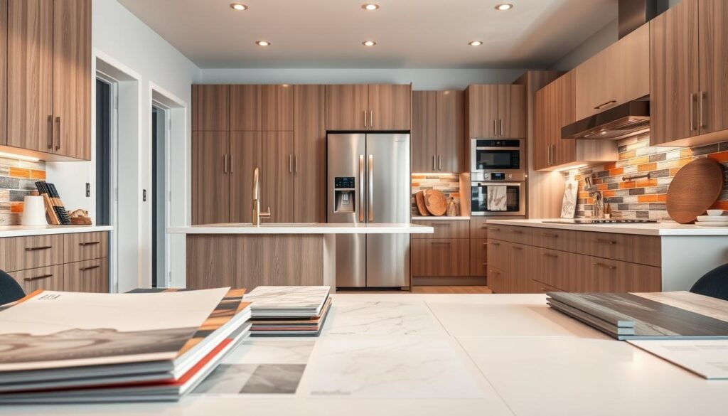 A modern kitchen with a sleek design showcasing a variety of materials and appliances selected for renovation. In the foreground, display high-quality samples of cabinetry, countertops in materials like quartz and granite, and vibrant tiles. The middle section features energy-efficient appliances, such as a stainless steel refrigerator and a contemporary oven, harmonizing with a stylish kitchen island. In the background, soft natural lighting illuminates the space, creating a warm and inviting atmosphere. Use a wide-angle lens for a panoramic view that captures the organization of materials arranged thoughtfully on a design table. The mood is practical yet aspirational, emphasizing value and quality in kitchen renovation choices. A modern kitchen with a sleek design showcasing a variety of materials and appliances selected for renovation. In the foreground, display high-quality samples of cabinetry, countertops in materials like quartz and granite, and vibrant tiles. The middle section features energy-efficient appliances, such as a stainless steel refrigerator and a contemporary oven, harmonizing with a stylish kitchen island. In the background, soft natural lighting illuminates the space, creating a warm and inviting atmosphere. Use a wide-angle lens for a panoramic view that captures the organization of materials arranged thoughtfully on a design table. The mood is practical yet aspirational, emphasizing value and quality in kitchen renovation choices.