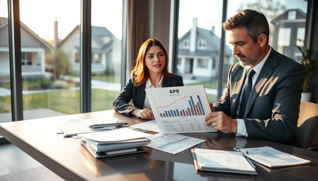 A modern, professional office scene focusing on the concepts of credit terms and APR related to home improvements. In the foreground, a well-dressed financial advisor, a middle-aged Caucasian man in a suit, is explaining a financial chart on a tablet to a young woman in business casual attire, keenly listening. The middle layer features a sleek desk cluttered with mortgage documents and a notepad filled with calculations. In the background, large windows let in soft, natural daylight, showcasing a view of a peaceful neighborhood with homes being renovated. The atmosphere is focused and professional, conveying an air of trust and clarity in financial planning. The overall lighting is warm and inviting, enhancing the sense of collaboration and understanding.