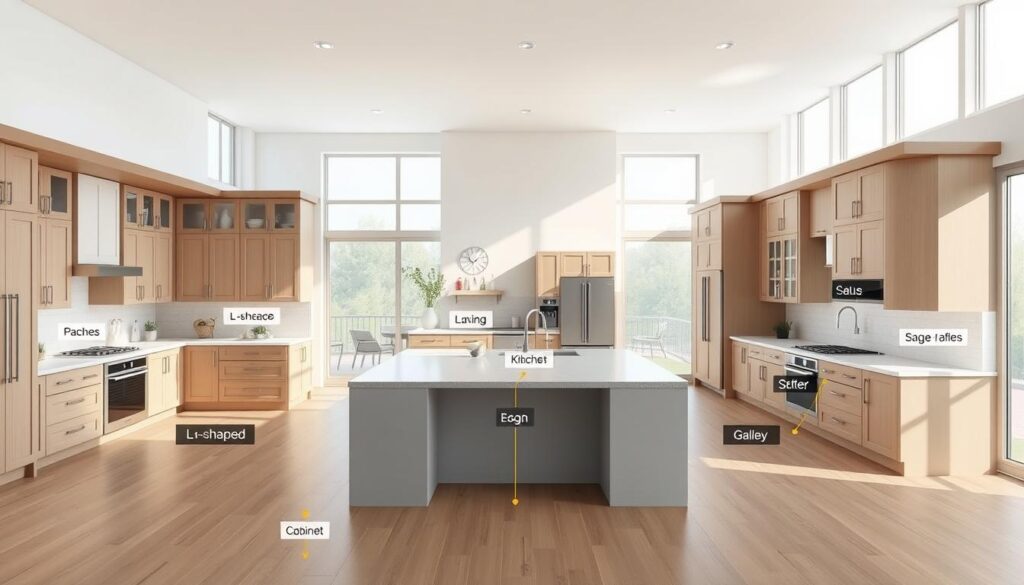 A visually striking comparison of popular kitchen layouts, showcasing an L-shaped, U-shaped, and galley kitchen in a bright and airy setting. In the foreground, display detailed renderings of each layout with labeled zones for cooking, preparation, and dining, using modern appliances and stylish cabinetry. The middle ground features a well-defined flow between each layout, emphasizing functionality and space utilization. In the background, soft natural light filters through large windows, creating a warm and inviting atmosphere. Use a wide-angle perspective to capture all three layouts, ensuring clarity and detail, while maintaining a professional and polished aesthetic. The image should resonate with viewers by illustrating contemporary kitchen design principles, without any text or annotations.