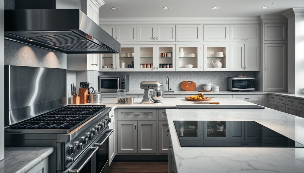 A visually striking professional kitchen filled with high-end cooking appliances that emphasize functionality and efficiency. In the foreground, showcase sleek stainless steel items like a commercial-grade range with a double oven, a large ventilation hood, and a state-of-the-art induction cooktop. In the middle, arrange essential kitchen tools including a food processor, stand mixer, and a set of high-quality knives on a polished marble countertop. In the background, incorporate elegant cabinetry, a spacious island, and an organized spice rack. The scene is brightly lit to highlight the appliances, with soft shadows adding depth. The overall atmosphere is modern and sophisticated, designed to inspire serious cooking enthusiasts. A visually striking professional kitchen filled with high-end cooking appliances that emphasize functionality and efficiency. In the foreground, showcase sleek stainless steel items like a commercial-grade range with a double oven, a large ventilation hood, and a state-of-the-art induction cooktop. In the middle, arrange essential kitchen tools including a food processor, stand mixer, and a set of high-quality knives on a polished marble countertop. In the background, incorporate elegant cabinetry, a spacious island, and an organized spice rack. The scene is brightly lit to highlight the appliances, with soft shadows adding depth. The overall atmosphere is modern and sophisticated, designed to inspire serious cooking enthusiasts.