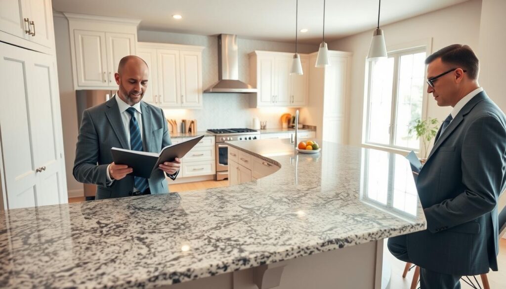 A well-lit, modern kitchen showcasing a variety of features for assessment. In the foreground, a professional appraiser, dressed in business attire, examines a stylish granite countertop with an open notebook in hand. The mid-ground reveals a spacious kitchen with stainless steel appliances, a large island, and carefully organized cabinetry, reflecting a blend of contemporary design and practicality. In the background, a large window allows soft natural light to flood the room, enhancing the warm yet inviting atmosphere. The colors are bright and clean, emphasizing the kitchen's overall appeal. The mood is focused and analytical, capturing the essence of evaluating a kitchen's potential for renovation before selling.