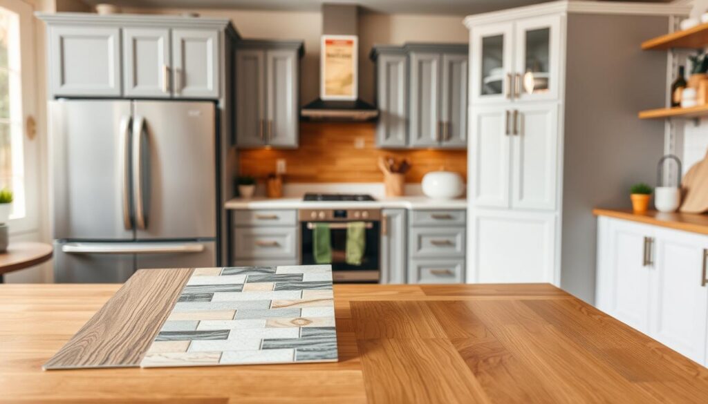 A well-organized kitchen materials display showcasing affordable options for home renovation. In the foreground, a stylish countertop sample made of laminate, with a wood finish and a swatch of budget-friendly backsplash tiles beside it. In the middle, various kitchen cabinets in soft shades of gray and white, featuring modern yet inexpensive hardware. The background reveals a cozy kitchen setting with warm, natural lighting, highlighting the textures of the materials. The mood is inviting and practical, suggesting a smart approach to cost-effective design. Capture this scene from a slight angle, ensuring a balanced composition that emphasizes the materials while providing a glimpse of the overall kitchen layout.