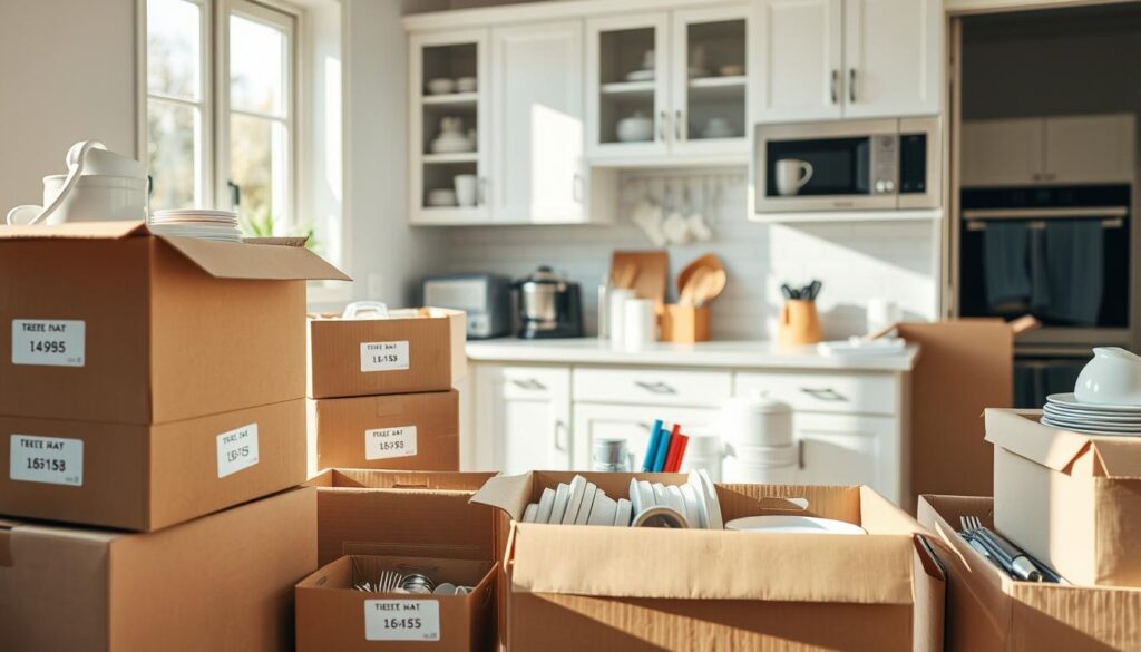 A well-organized kitchen packing scene showcasing a bright and tidy space. In the foreground, neatly stacked cardboard boxes are filled with kitchen essentials: dishes, utensils, and small appliances, all labeled for easy identification. In the middle, a kitchen table is adorned with organized packing supplies: bubble wrap, packing tape, and markers. In the background, white cabinets and a clean countertop reflect soft, natural daylight streaming through a nearby window, casting gentle shadows. The ambiance is calm and focused, emphasizing productivity and preparation for a kitchen renovation. Use a wide-angle lens to capture the entire scene and create depth, highlighting the harmony between the packed items and the organized kitchen environment.