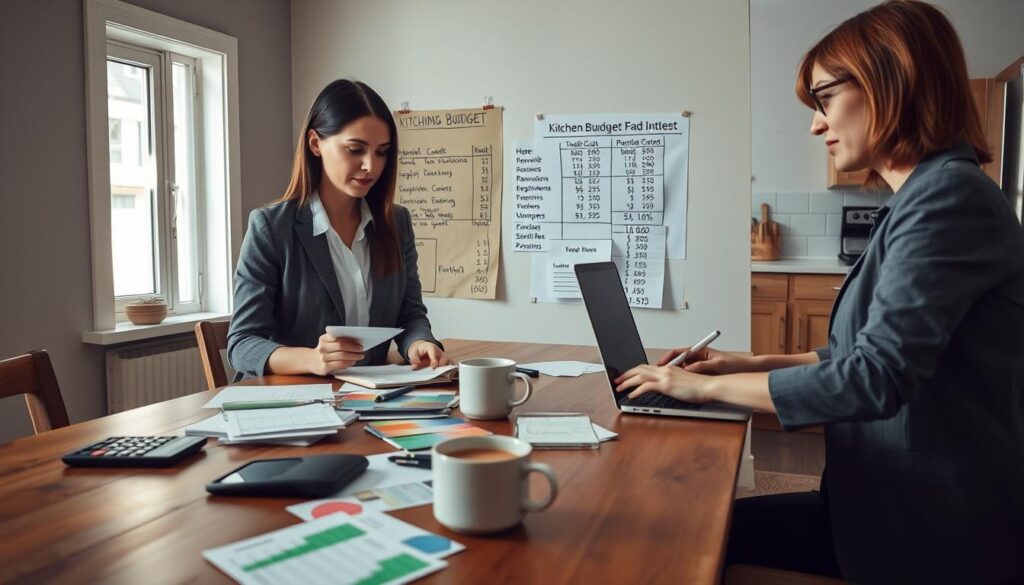 A well-organized kitchen renovation budget planning scene indoors, featuring a stylish wooden table cluttered with budgeting tools: a calculator, a notepad with figures, color swatches, and a cup of coffee. In the foreground, a professional woman in casual business attire is focused on creating a budget spreadsheet on her laptop. The middle layer shows a mood board pinned to a wall listing potential renovations, equipment costs, and permit fees, illuminated by soft natural light streaming through a nearby window. In the background, a partially renovated kitchen with exposed cabinetry and new appliances sets a hopeful ambiance. The atmosphere is productive and inspiring, conveying a sense of urgency and planning for a successful home project.