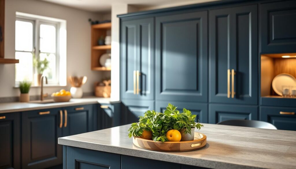 A beautifully renovated kitchen showcasing a set of elegant replacement kitchen doors. The foreground features the rich textures and sleek finishes of the doors, crafted in a modern style with matte navy blue and brushed gold handles. In the middle ground, a stylish kitchen countertop adorned with fresh herbs, chic utensils, and a subtle fruit bowl enhances the vibrant atmosphere. The background reveals soft natural light streaming in through a nearby window, illuminating the warm wooden cabinetry and open shelving decorated with tasteful dishware. The mood is inviting and contemporary, capturing the essence of a home transformation. The angle should emphasize the door design, inviting viewers into the space, evoking a sense of freshness and stylish upgrade. A beautifully renovated kitchen showcasing a set of elegant replacement kitchen doors. The foreground features the rich textures and sleek finishes of the doors, crafted in a modern style with matte navy blue and brushed gold handles. In the middle ground, a stylish kitchen countertop adorned with fresh herbs, chic utensils, and a subtle fruit bowl enhances the vibrant atmosphere. The background reveals soft natural light streaming in through a nearby window, illuminating the warm wooden cabinetry and open shelving decorated with tasteful dishware. The mood is inviting and contemporary, capturing the essence of a home transformation. The angle should emphasize the door design, inviting viewers into the space, evoking a sense of freshness and stylish upgrade.