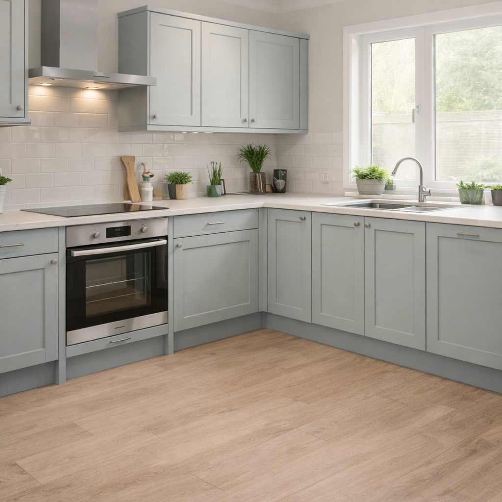 Light grey B&Q fitted kitchen installed by professional kitchen fitters in Edinburgh