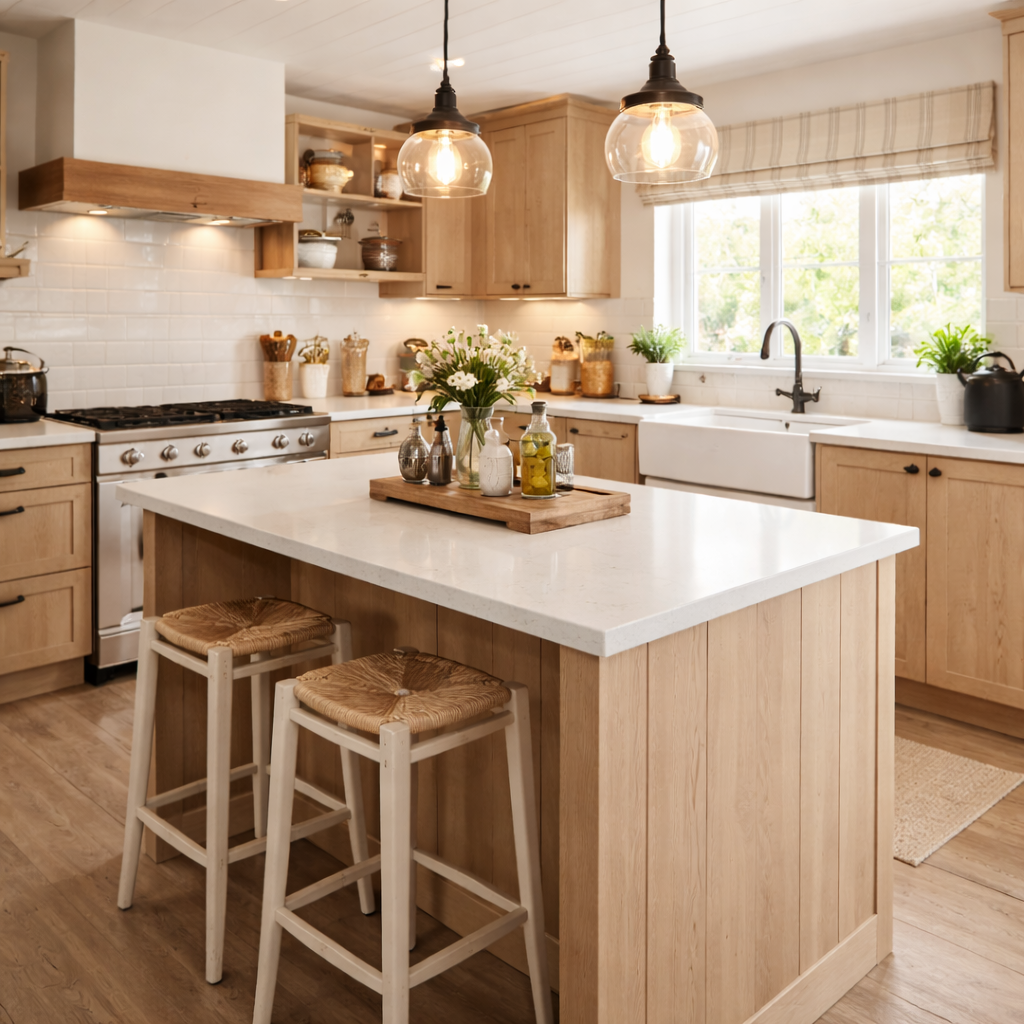 Cottage style B&Q kitchen with oak cabinets and island installed in Edinburgh home