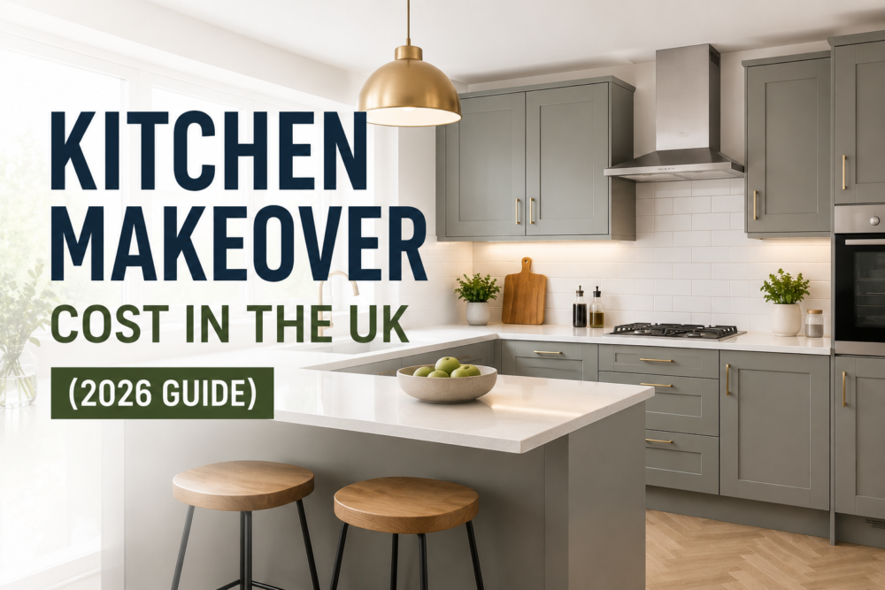 Modern kitchen makeover in the UK showing shaker cabinets, island worktop, and renovation design ideas for 2026