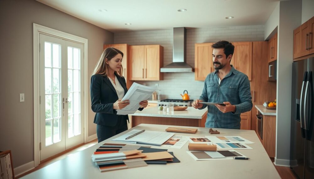 homeowners planning kitchen remodel with professional kitchen fitters